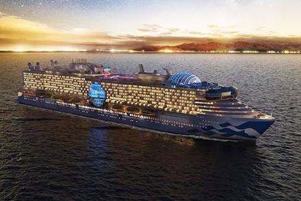 Large cruise ship sailing on the water during sunset.