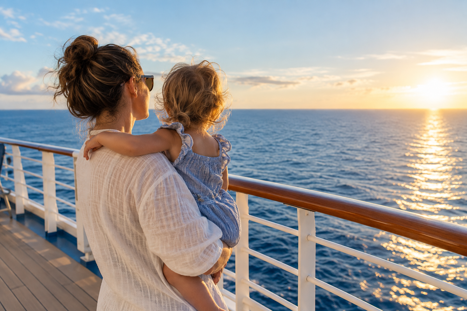 Parent holding a toddler on a cruise ship deck while looking out at the ocean.