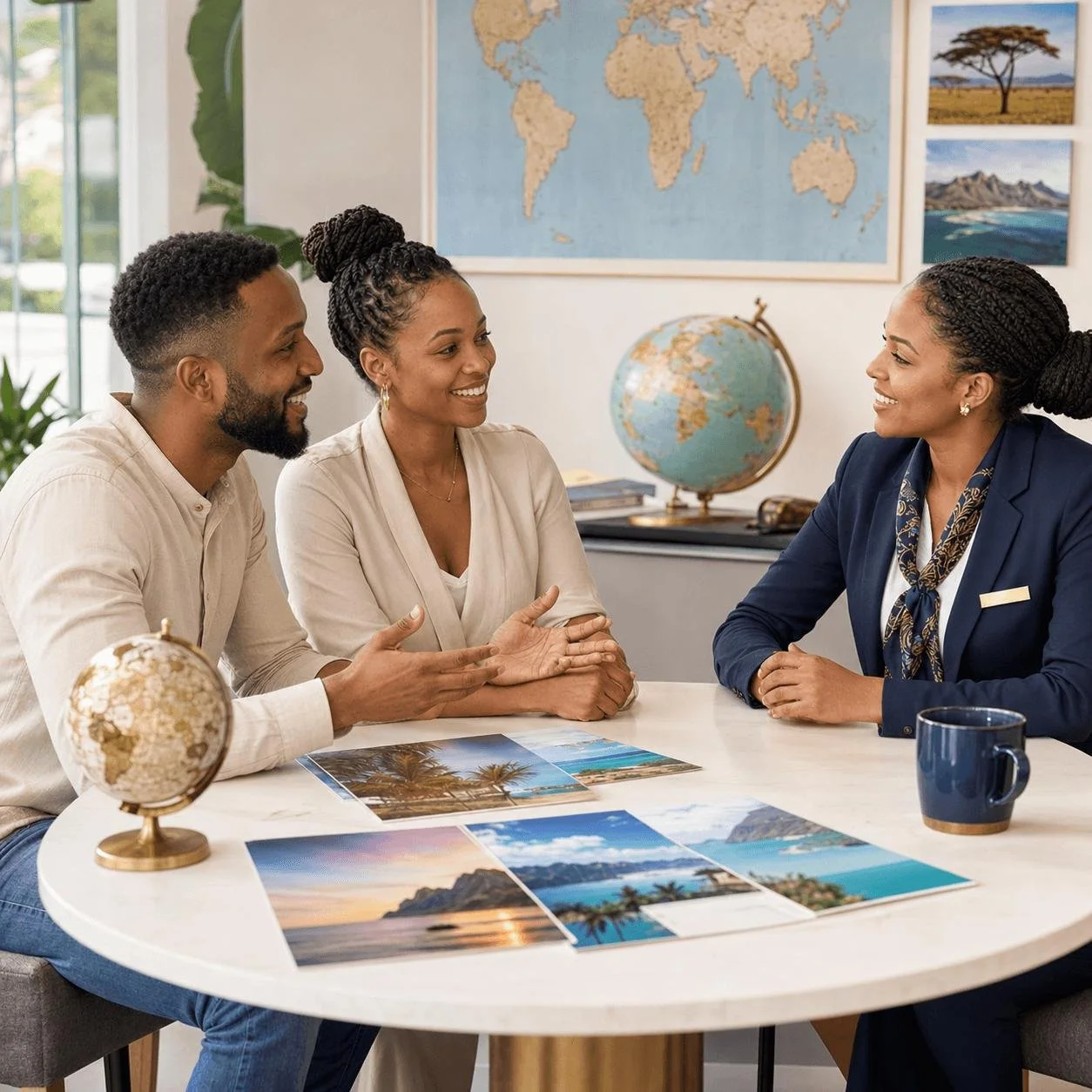 Travel advisor discussing vacation plans with a couple.