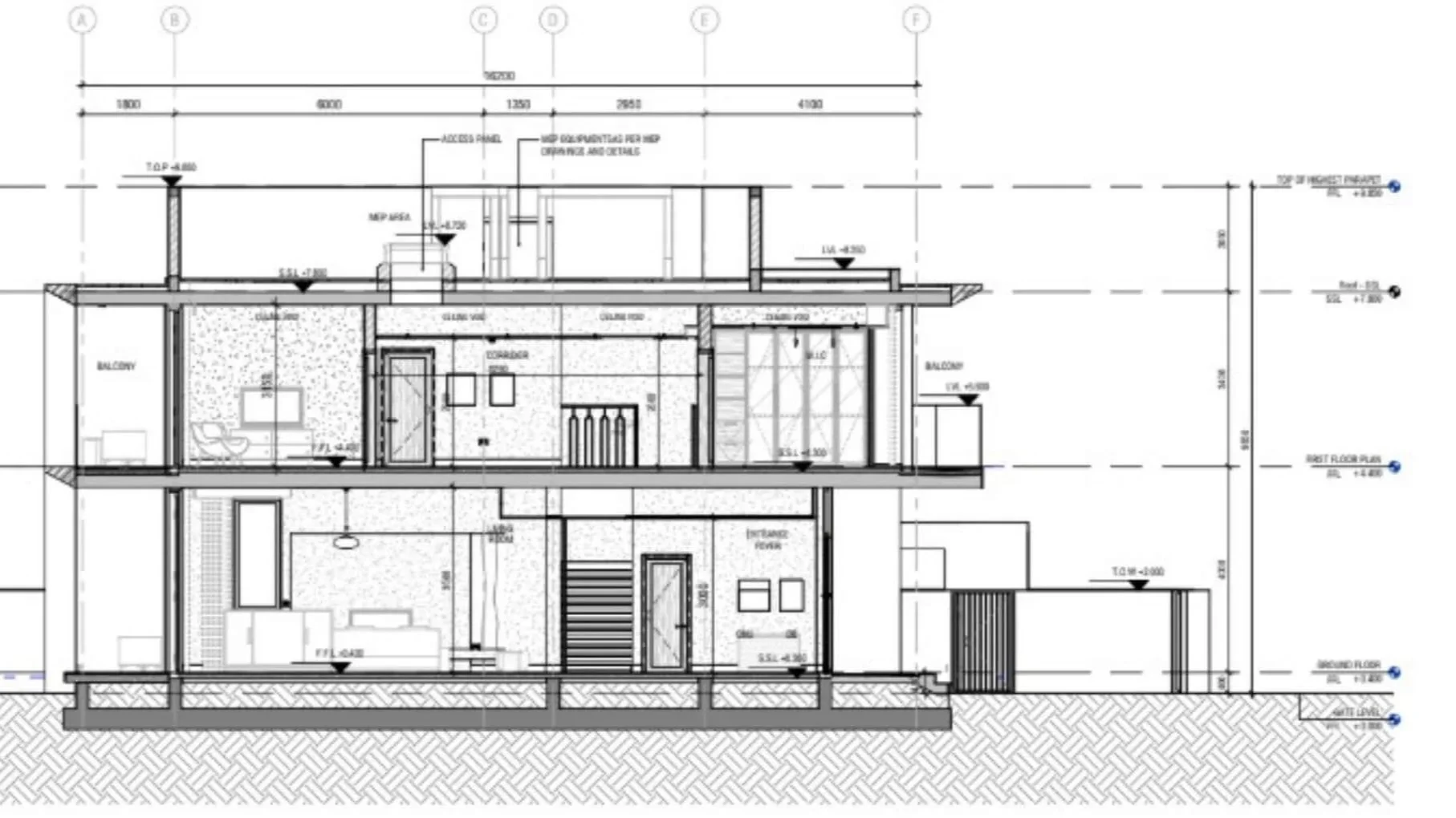 Architectural blueprint of a multi-story building with detailed floor plans, elevation markings, and parking areas.
