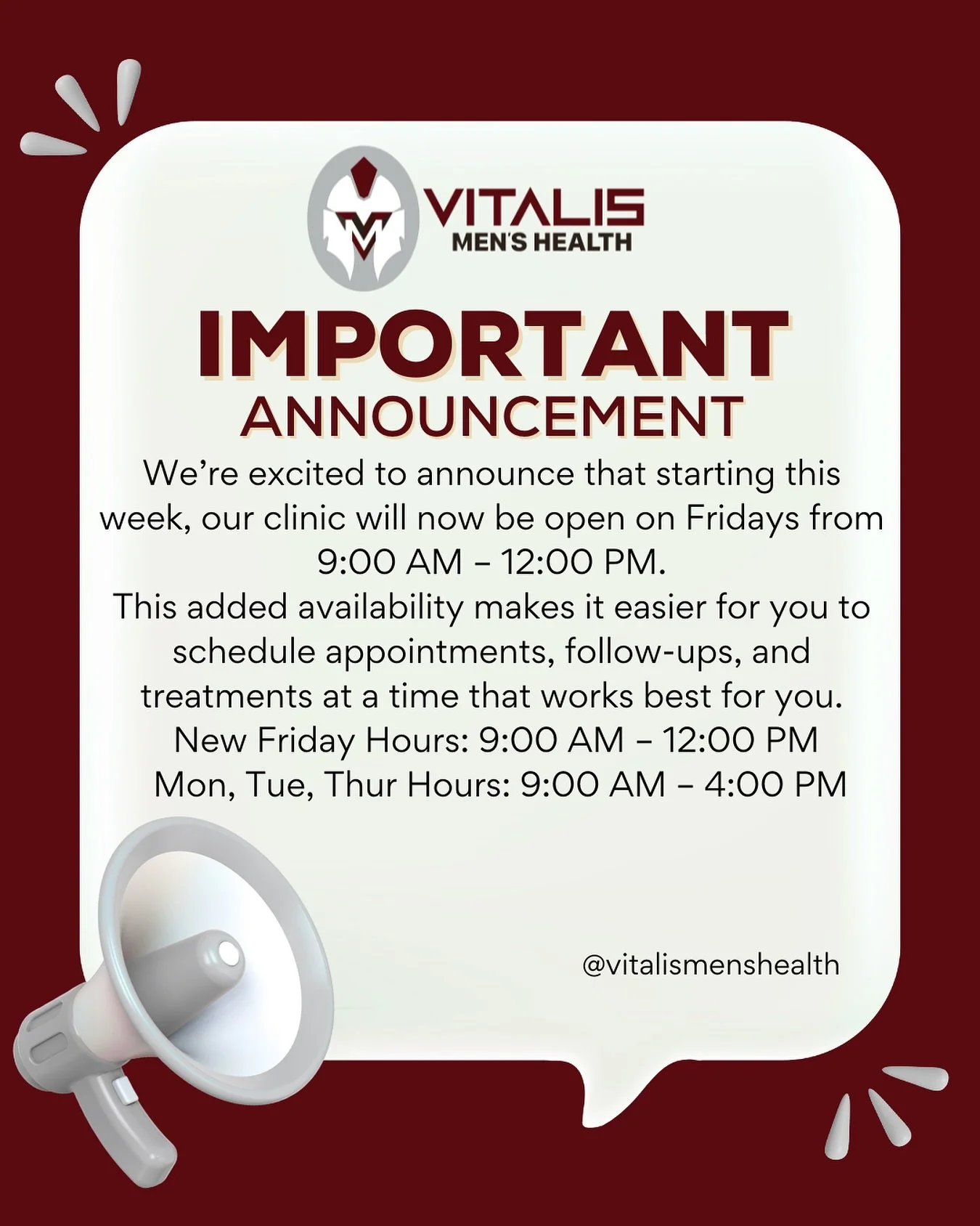 Exciting news! We&rsquo;re now open on Fridays from 9&ndash;12 

More time, more flexibility, same great care. 💪

Mon/Tue/Thu: 9&ndash;4
Fri: 9&ndash;12

See you soon! 👋

#VitalisMensHealth #NowOpenFridays