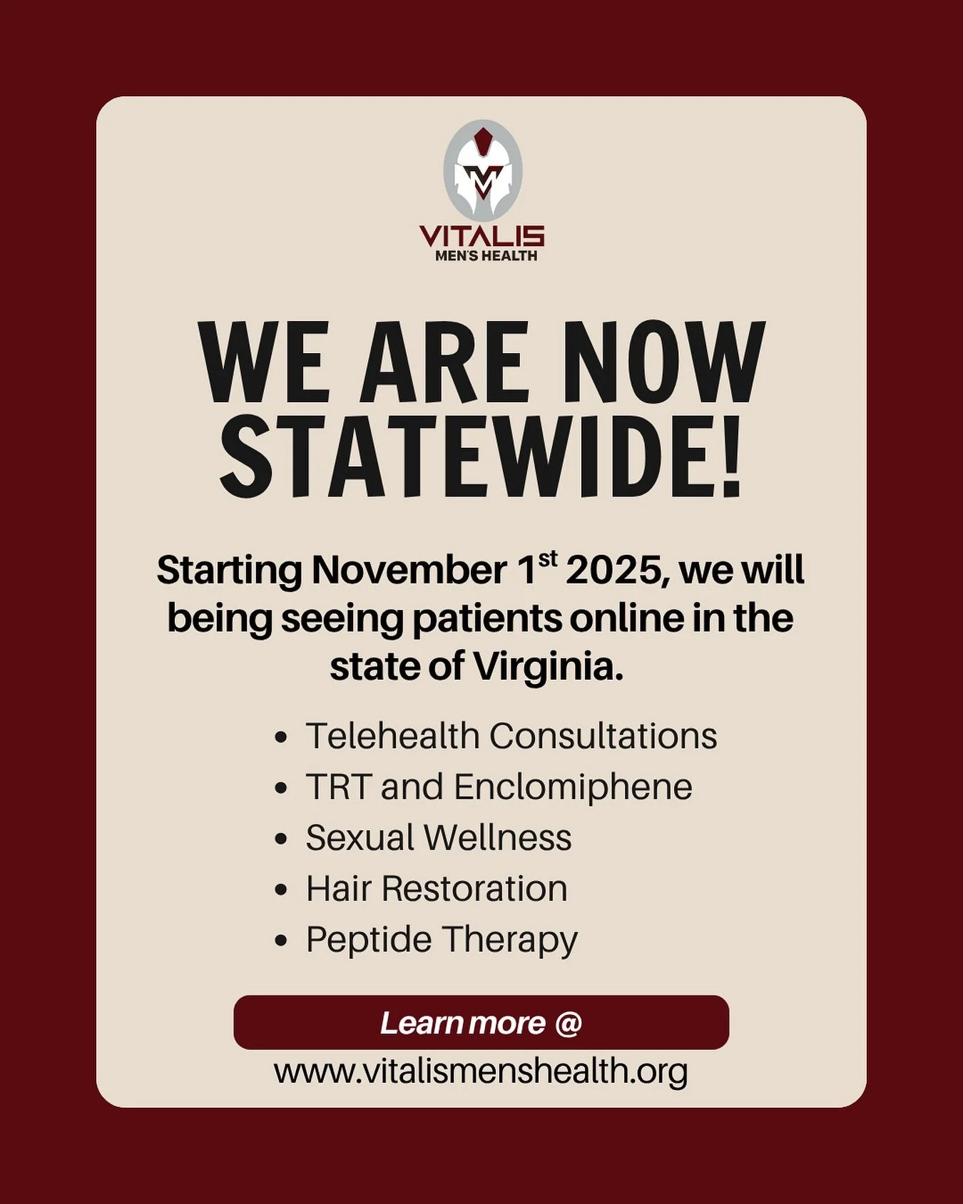Big news: Vitalis Men&rsquo;s Health is going statewide! Starting November 1st, 2025, we&rsquo;ll be seeing patients online across Virginia. From TRT and sexual wellness to hair restoration and peptide therapy, expert care is now just a click away.


