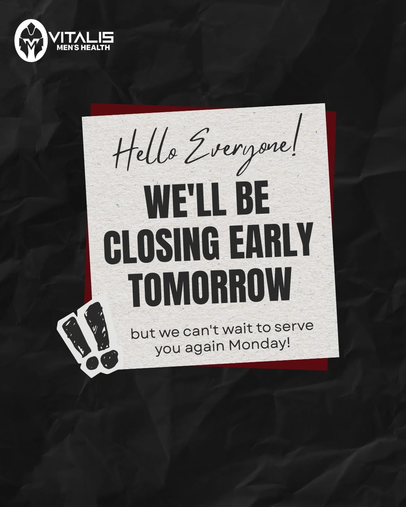 Heads up! We&rsquo;ll be closing early tomorrow, 3/27 at 12 PM.

If you need anything before the weekend, make sure to stop by or reach out before then. We appreciate your understanding!