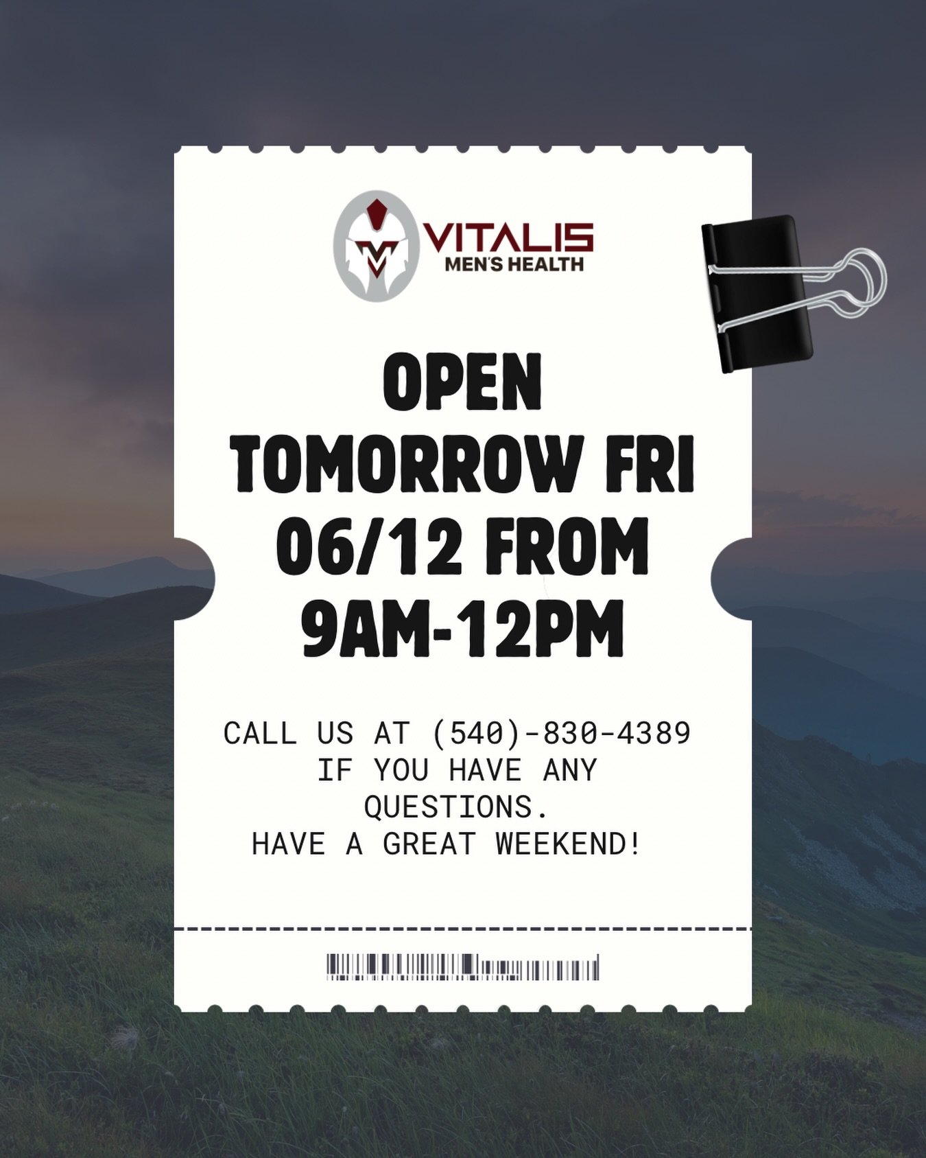Closing a bit ealier than usual tomorrow. Call or text us at 540-830-4389 if you have any questions. See y&rsquo;all Monday ! ✨