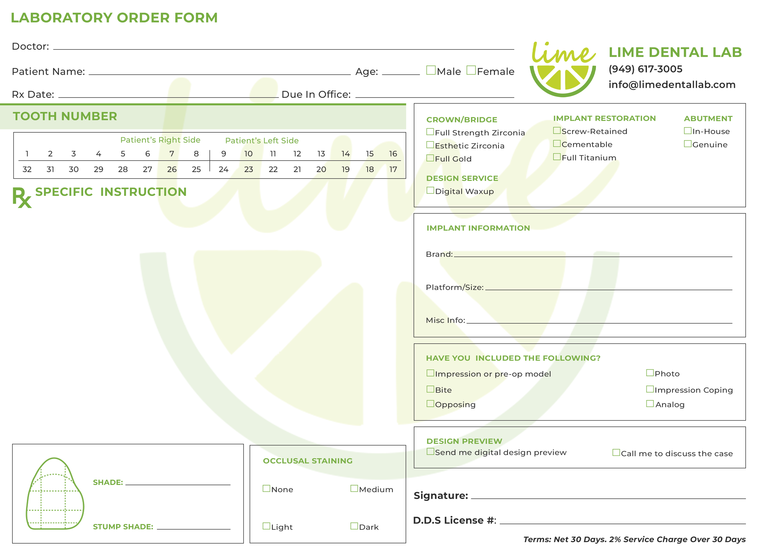 Customizable Lab Slips Lab Slip — Lime Dental Lab
