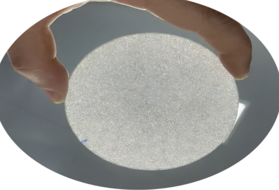 Close-up of a hand holding a white, round, textured object, possibly a tablet or disc.
