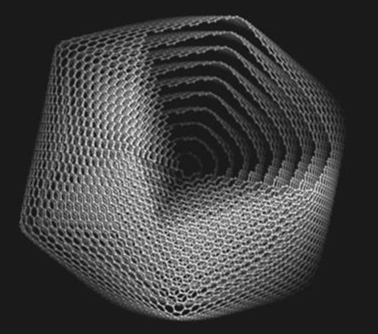 A 3D rendering of a hollow, honeycomb-like cube with a spiral tunnel inside, viewed from an angle against a black background.