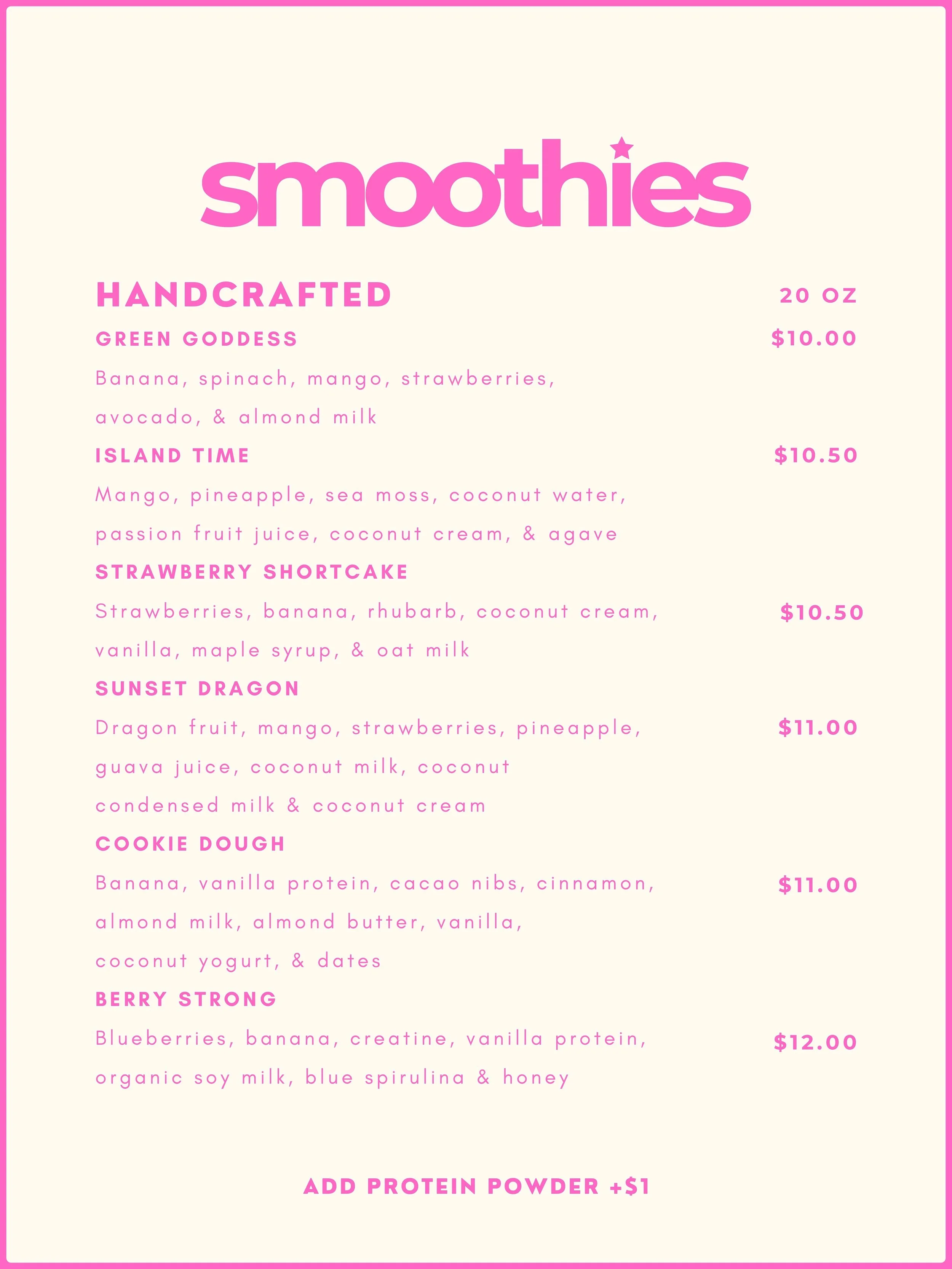 Pink menu with various smoothie options listed with ingredients and prices.