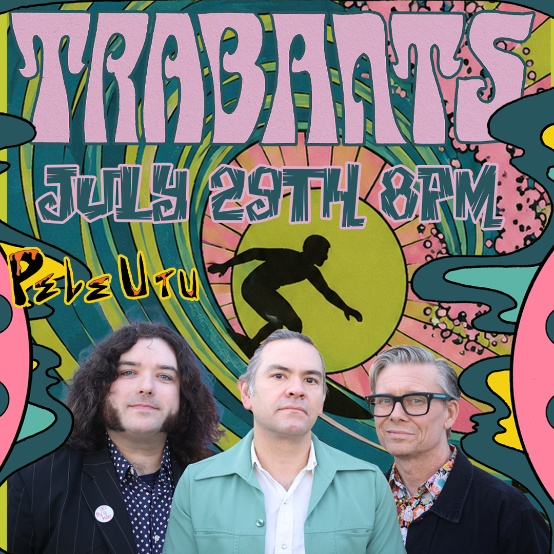 Colorful psychedelic poster for a music event featuring the band Tribbants on July 29th at 8 AM at PebzuTU. The background has swirling patterns and a silhouette of a skateboarder inside a circle.