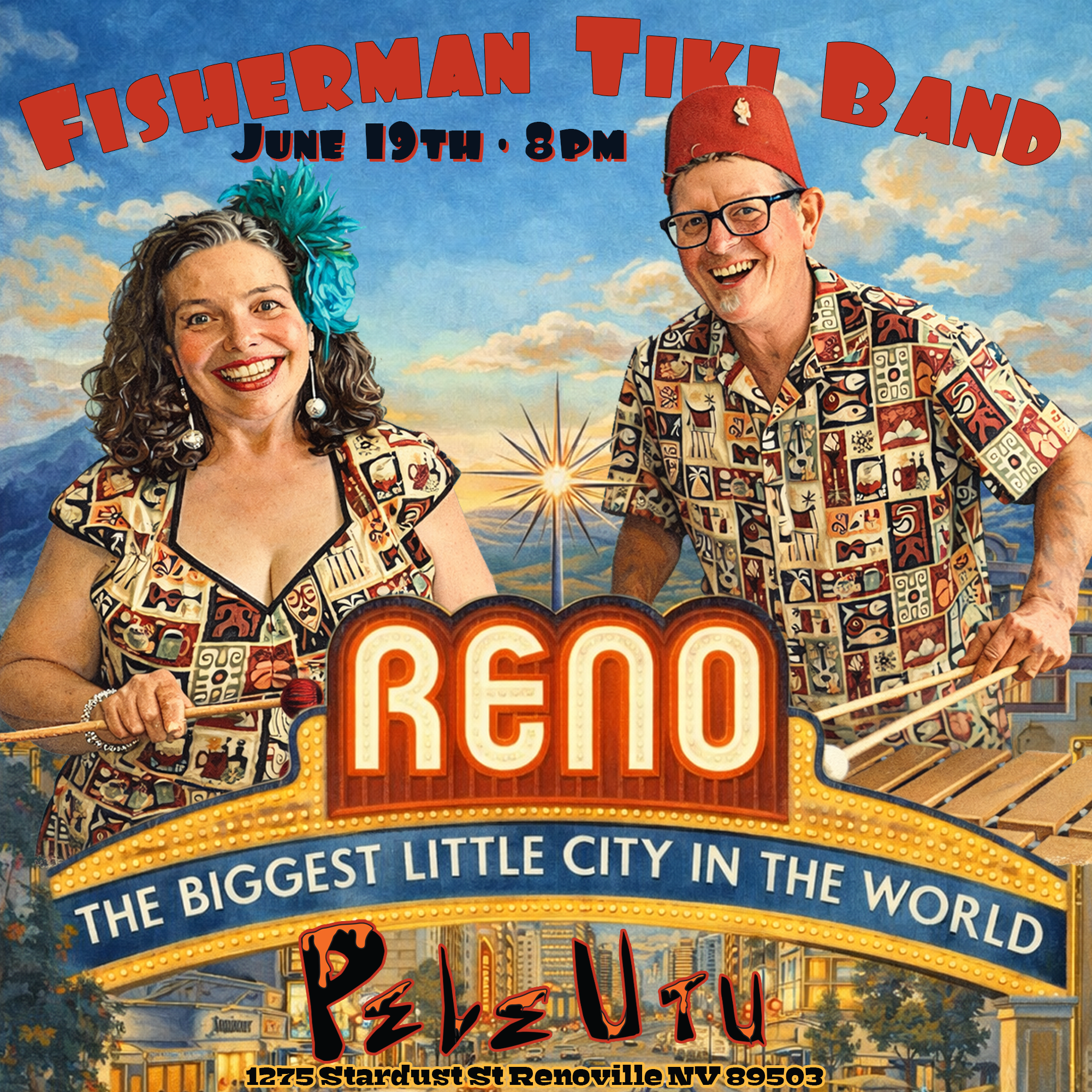 A colorful promotional poster for the Fisherman Tiki Band event on June 19th at 8 pm in Rochester, NY, featuring two smiling performers in tropical-themed shirts, with a background of a lively cityscape and sky. The poster highlights that Rochester i
