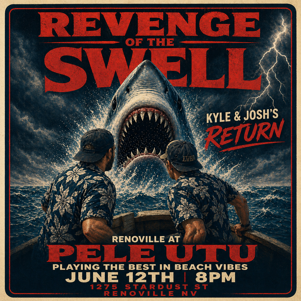 A vintage-style poster for a rock concert titled 'Revenge of the Swell,' featuring two men in Hawaiian shirts on a boat facing a giant attacking shark in the ocean. The event is in Reno, Nevada at Pele Utu on June 12th at 8 PM.
