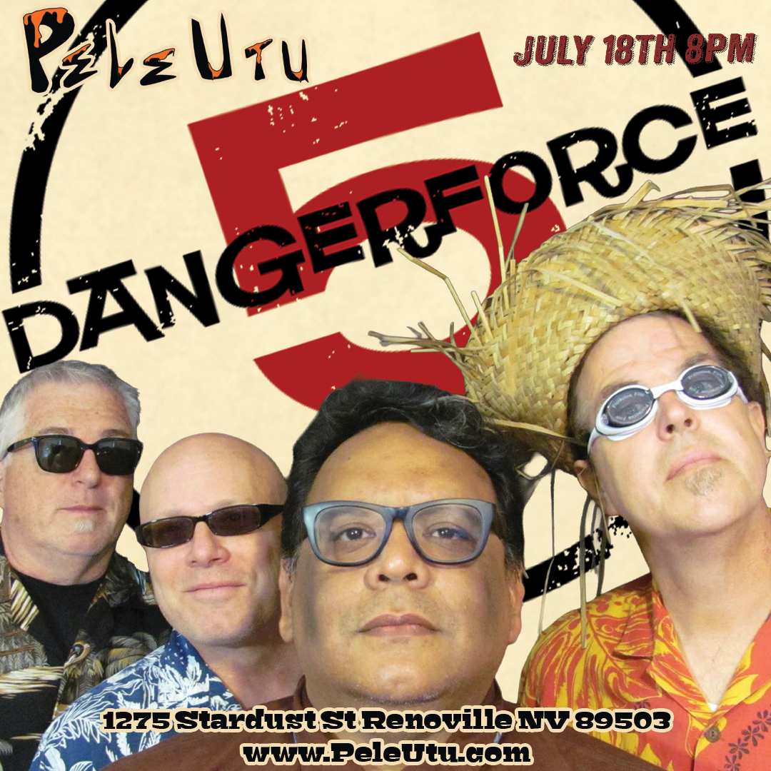 Promotional poster for a band event featuring PeleUlu. The event is titled 'Dangerous 5' and is scheduled for July 18th at 8 PM at 1275 Stardust St, Reno NV 89503. The website www.PeleUlu.com is also displayed.