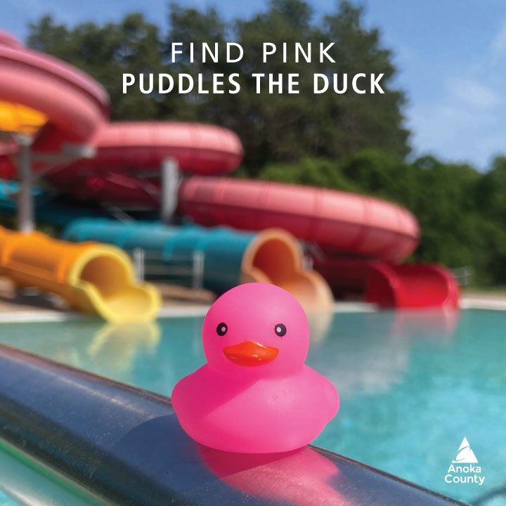 How fast can you spot pink Puddles the Duck hiding around the Wiggly Water Walk at #bunkerbeachmn? 👀 🔎