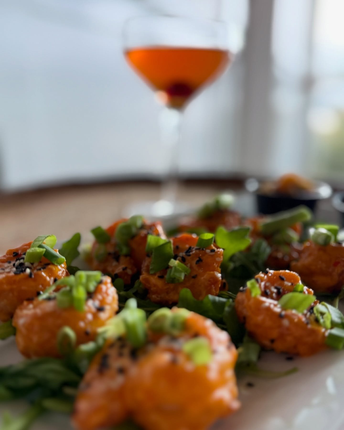 Firecracker Shrimp + a Mezcal Manhattan. Now that&rsquo;s a lunch 👌🏼