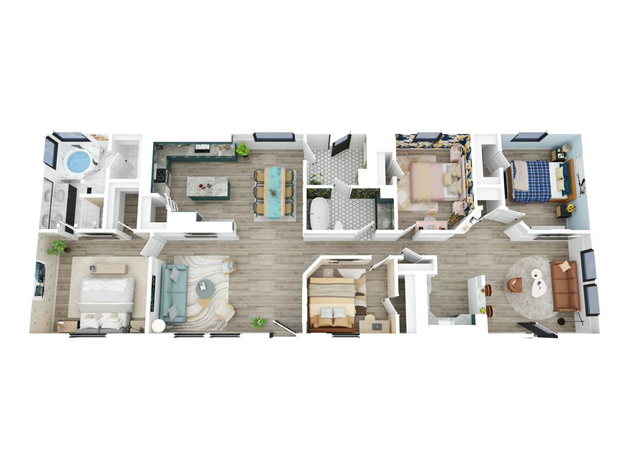 Top-down view of a modern apartment with multiple bedrooms, bathrooms, a kitchen with an island, a living room, and a laundry area.