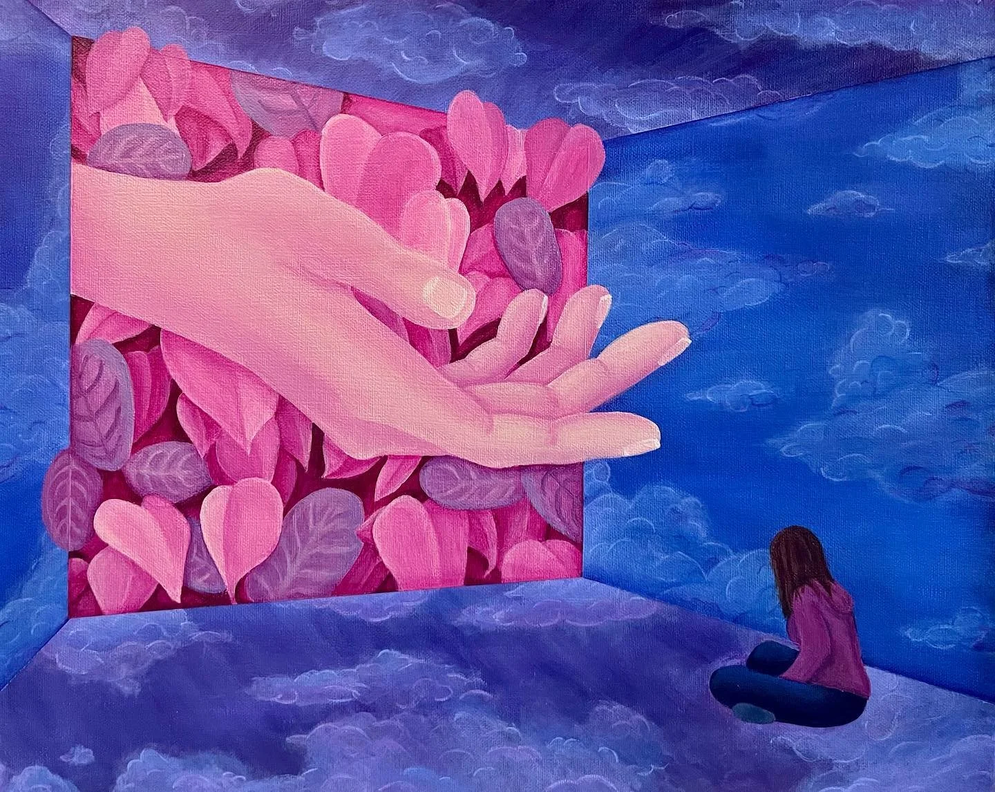&ldquo;Come back to the moment.&rdquo; My next painting is going to be a happy one 😃 
. . .
Acrylic on canvas, 16x20&rdquo;
. . .
#dreamscape #painting #art #color #clouds #hand #pink #blue #purple #acrylic