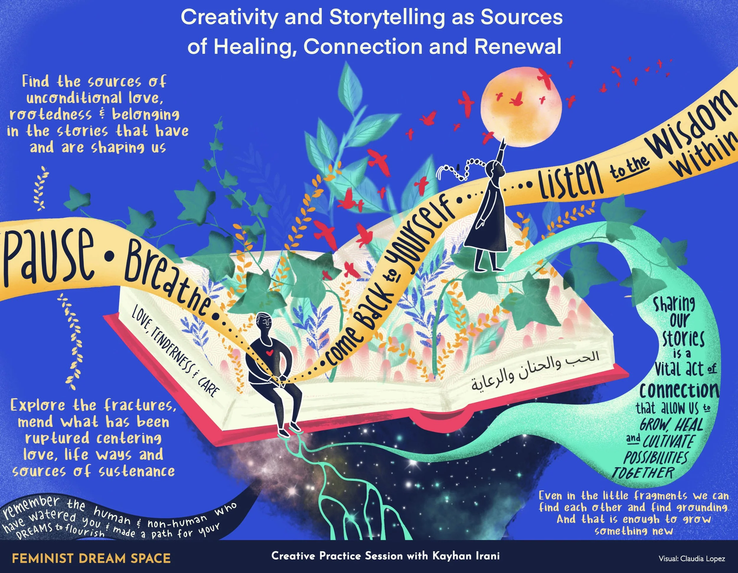 Creativity and storytelling as sources of healing, connection and renewal with Kayhan Irani. Visual Claudia Lopez On the right mind