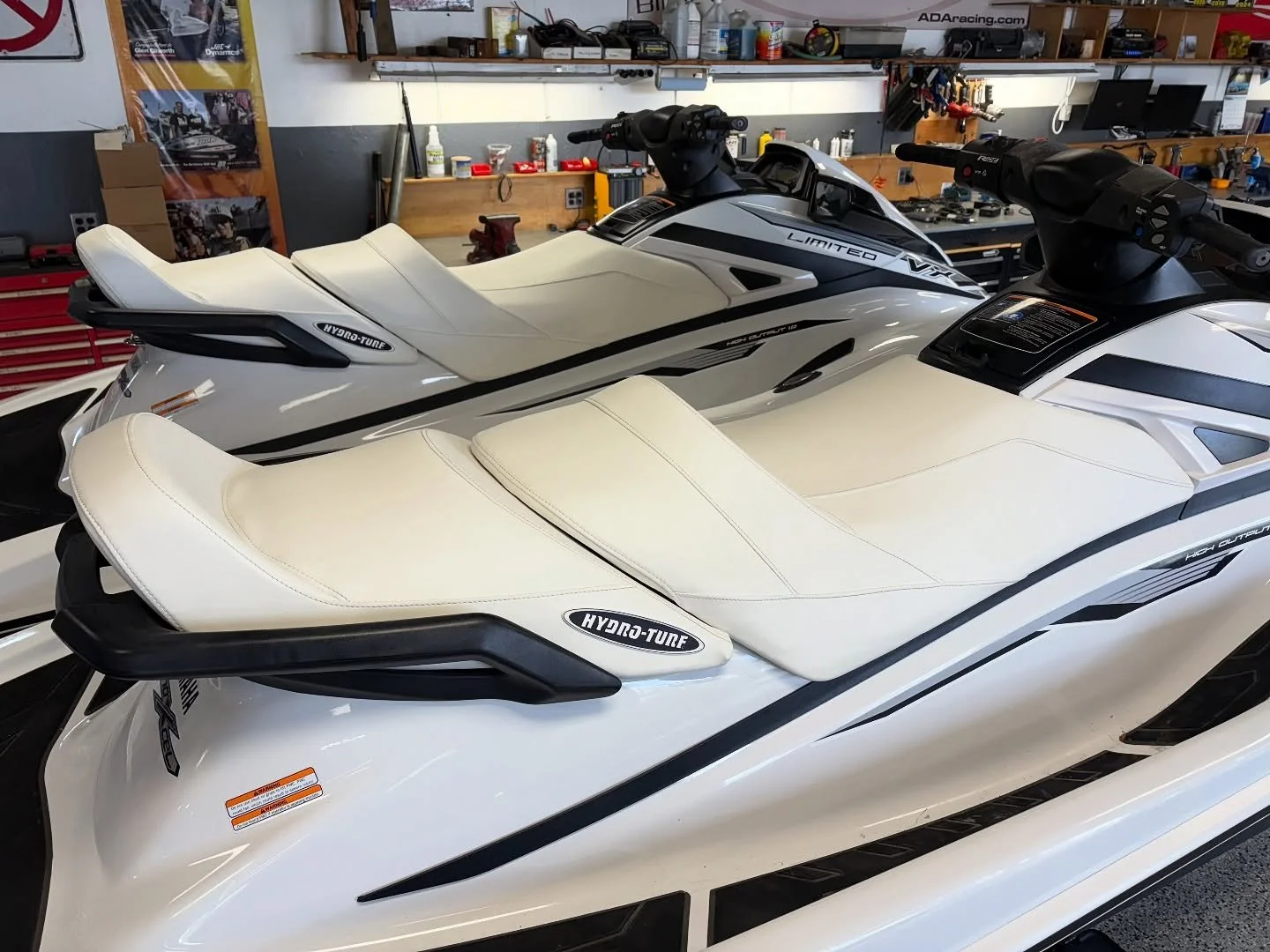 A couple more @hydroturf seat covers to replace the faded white on these Yamaha VXs.  Tis&rsquo; the season to get your ski right for next summer! 
#yamaha #seadoo #kawasaki #waverunner #jetski #watercraft #upholstery #boating
