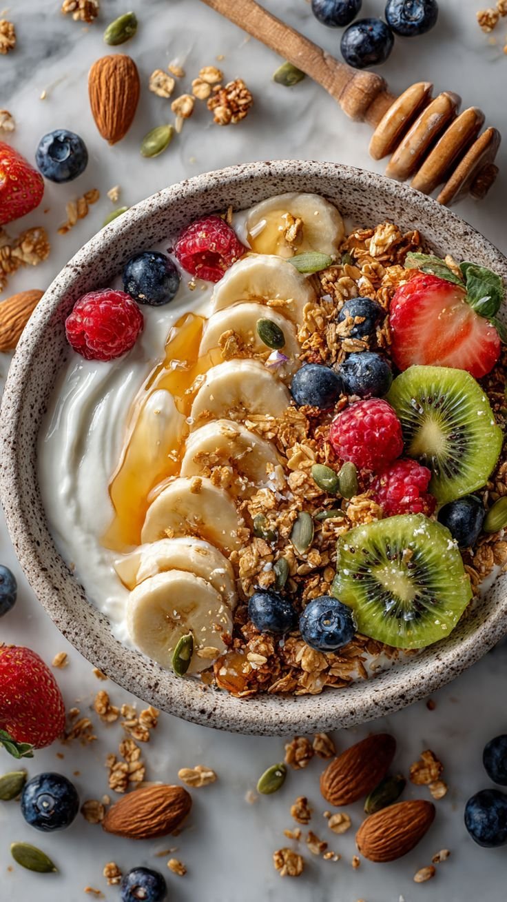 A bowl of yogurt topped with sliced bananas, strawberries, blueberries, raspberries, granola, and green pumpkin seeds, with some ingredients scattered around on a marble surface.