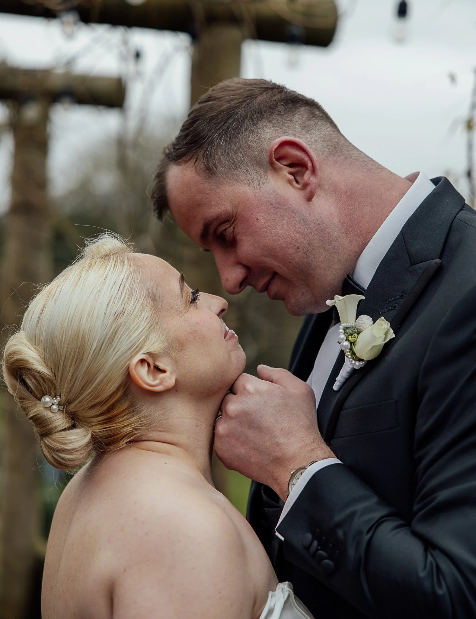 Intimate bride and groom portrait from a styled wedding shoot in Kent.