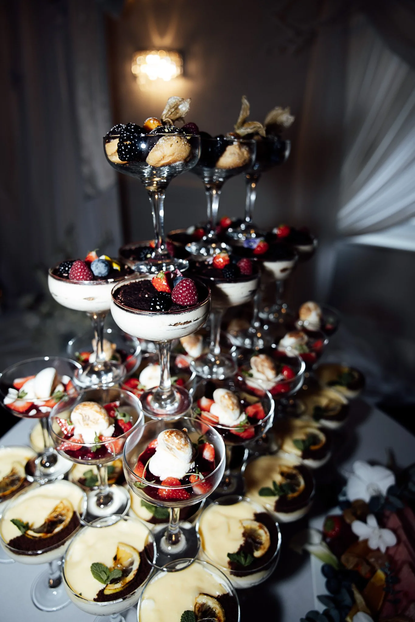 Dessert table styling with individual wedding desserts and rich textures from a Kent styled shoot.