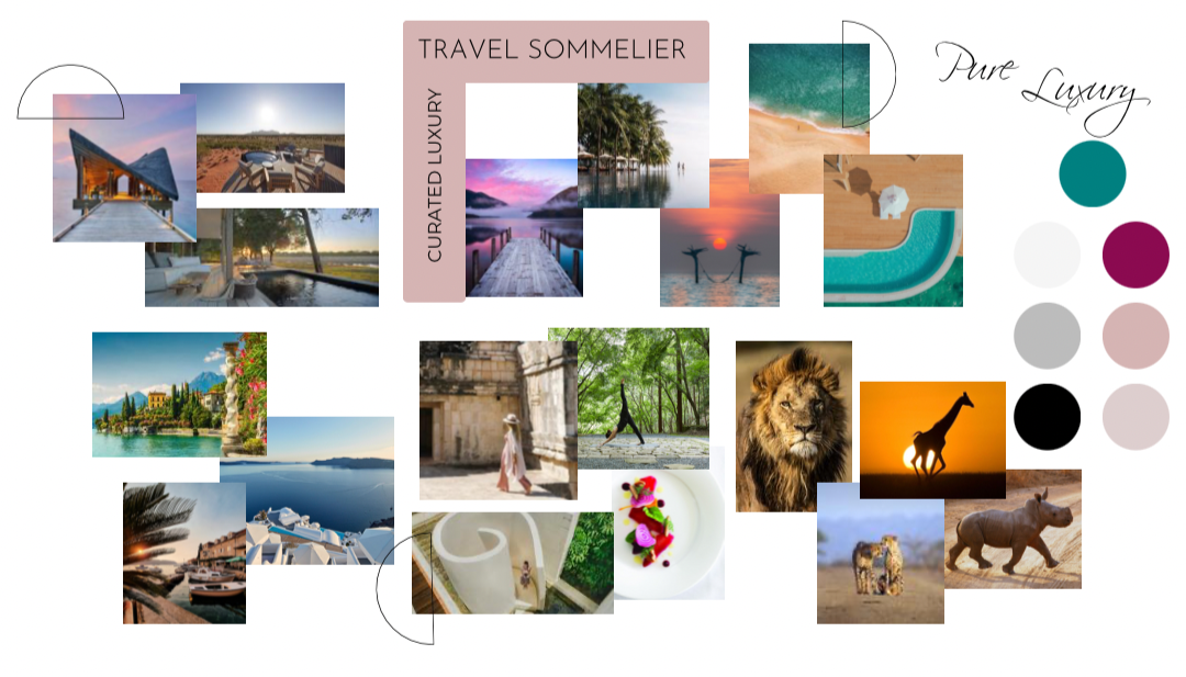 Moodboard collage of luxury travel images including beaches, animals, water scenes, architecture, and nature, with text reading "Travel Sommelier" and "Curated Luxury" and a color palette on the right.