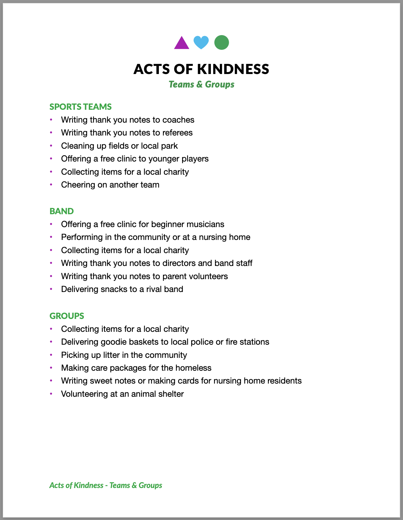 A printable list titled "Acts of Kindness - Teams & Groups" with colorful icons at the top. The list includes acts of kindness categorized under SPORTS TEAMS, BAND, and GROUPS, each with several specific actions listed.
