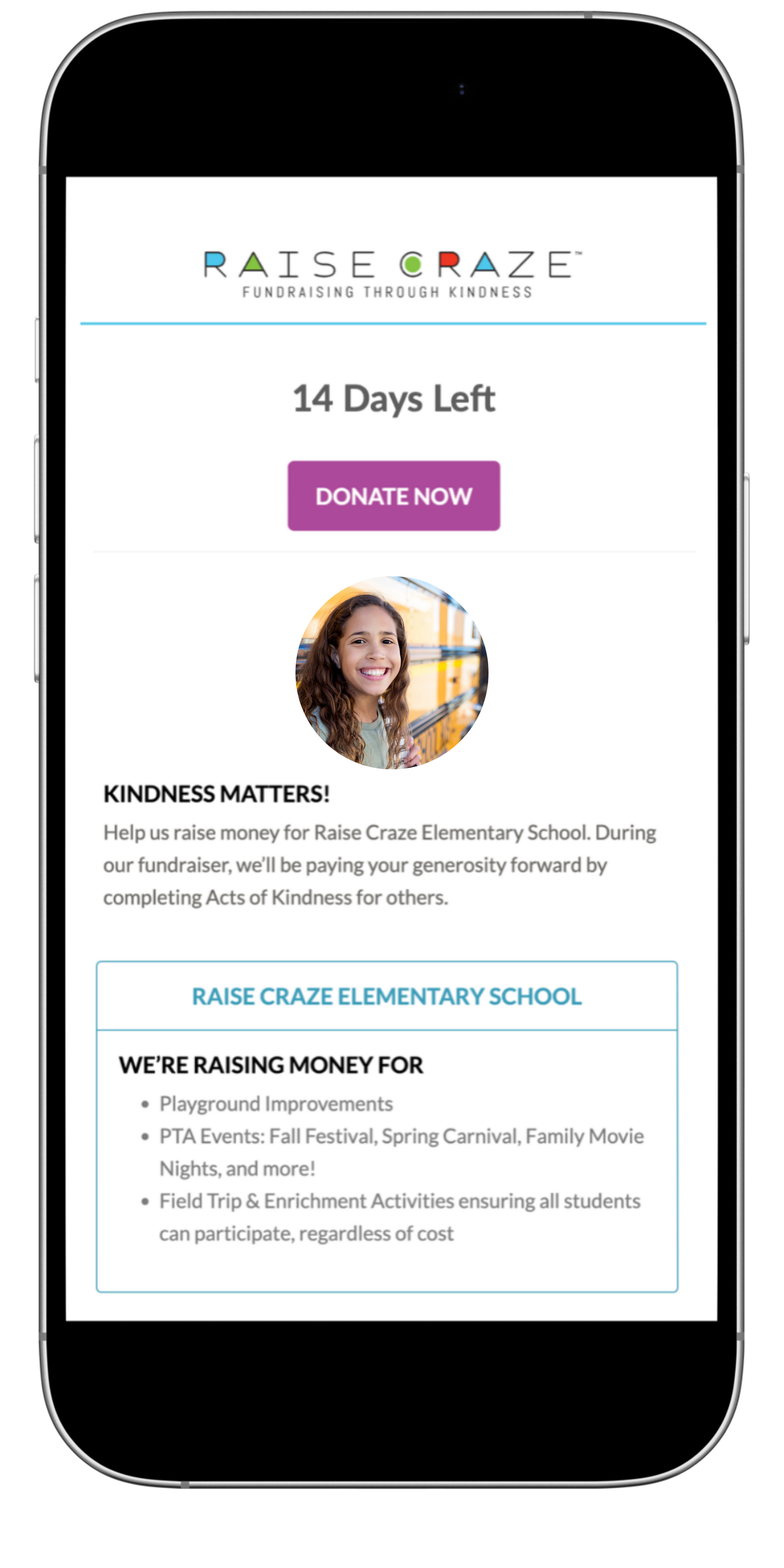 Fundraising webpage for Raise Craze Elementary School, with a smiling girl, a donation button, and details of fundraising activities like playground improvements and PTA events.