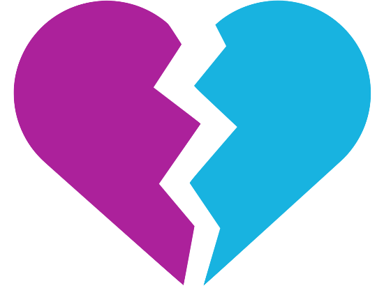 A purple and blue heart split in half with a jagged crack.