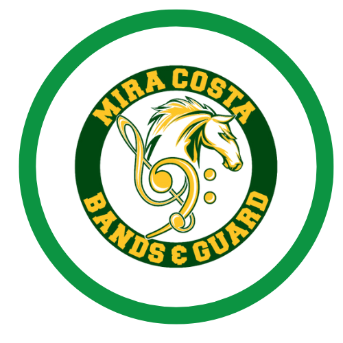 The logo of the Mira Costa Band & Guard with a stylized horse head and a musical instrument, surrounded by green and gold text.