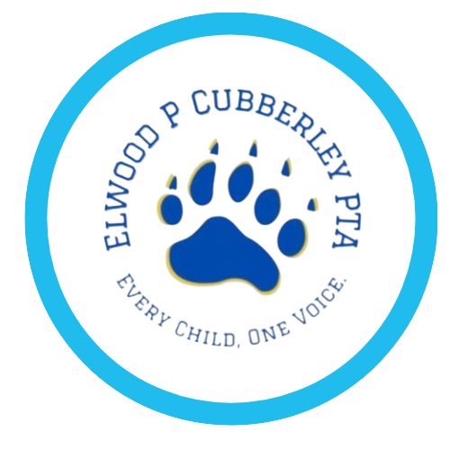 Logo for Elwood P. Cubberley P.T.A. featuring a blue paw print and the slogan 'Every Child, One Voice'.