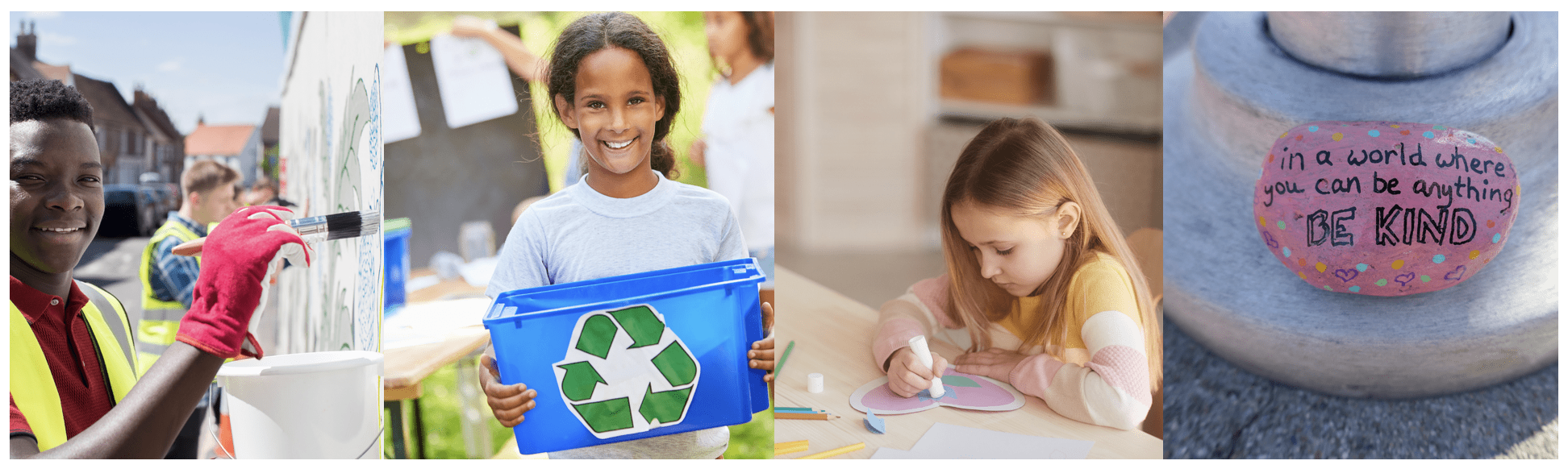 A collage of three photos: children participating in recycling and craft activities outdoors and an indoor craft session, with a painted rock with a kindness message.