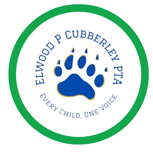 The logo of Elwood P. Cubberley P.T.A., featuring a blue paw print surrounded by the words 'Elwood P. Cubberley P.T.A.' and the slogan 'Every Child, One Voice'.