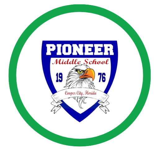School emblem with a shield design, featuring a bald eagle head and the text "Pioneer Middle School, 1976, Cooper City, Florida."
