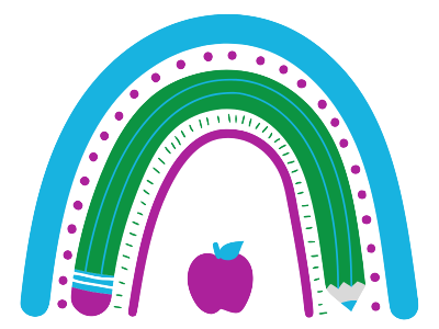 Colorful rainbow with five arcs in blue, purple, green, purple, and blue, above a purple apple with a blue leaf.