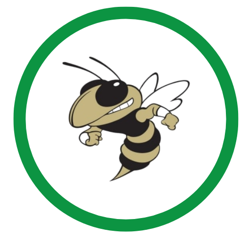 Animated bee character with sunglasses and wings, inside a green circle