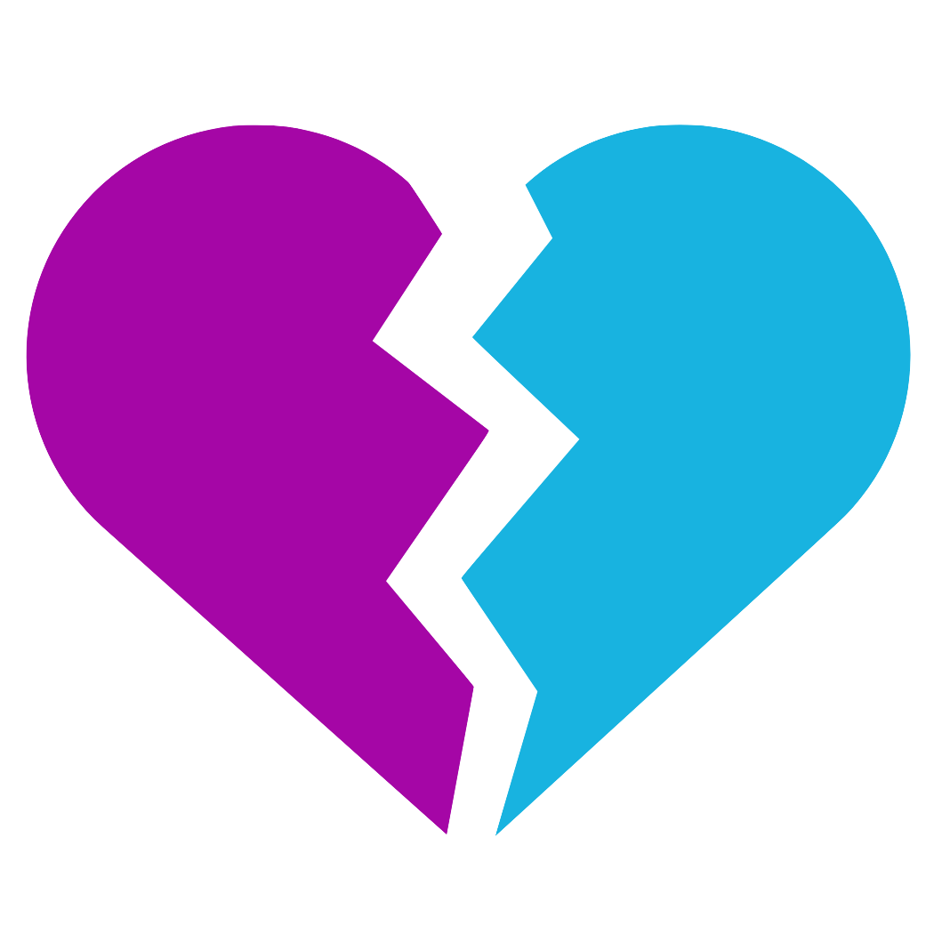 A split heart graphic with purple on the left and blue on the right, symbolizing a broken or fractured relationship.