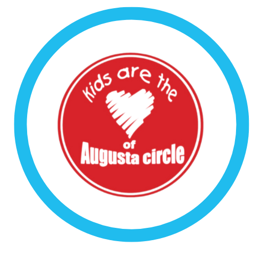 Red circular logo with white text that says "Kids are the heart of Augusta circle" and a white heart shape in the center, surrounded by a light blue ring.