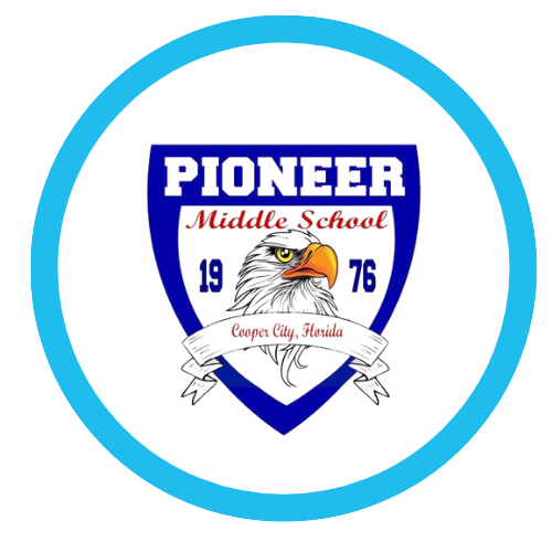 Pioneer Middle School emblem with a bald eagle, 1976, in Cooper City, Florida, enclosed in a circular border.