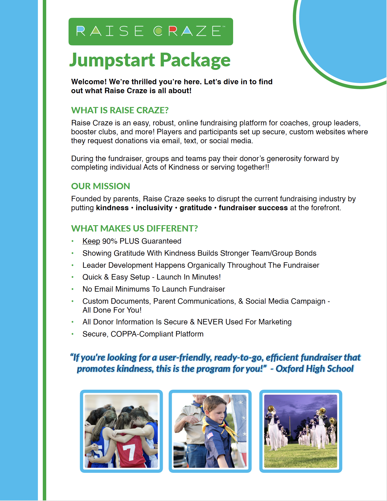 Flyer for Raise Craze Jumpstart Package, an online fundraising platform for coaches and groups. Includes information about the platform's features, mission, and benefits, with three photos of children and a marching band at the bottom.