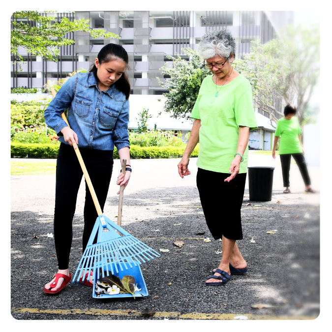 A young woman and an elderly woman clean a park together. The young woman uses a blue rake, and the elderly woman observes. They are on a paved surface with a building and greenery in the background.