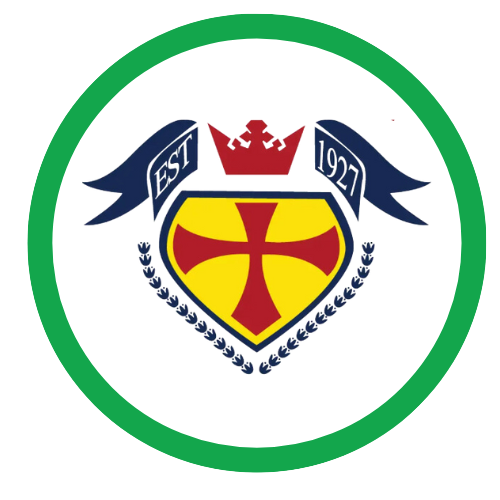 Logo with a shield featuring a red cross on a yellow background, a red crown above, and a blue ribbon with EST 1927, surrounded by laurel branches, all within a green circle.