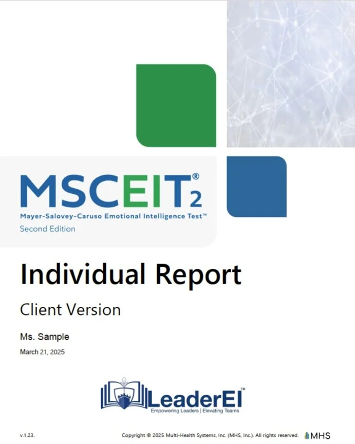 Cover page of an individual report for the MSCIT2 Emotional Intelligence Test, second edition, by LeaderE, dated March 21, 2025, for a client named Ms. Sample, produced by Multi-Health Systems Inc.