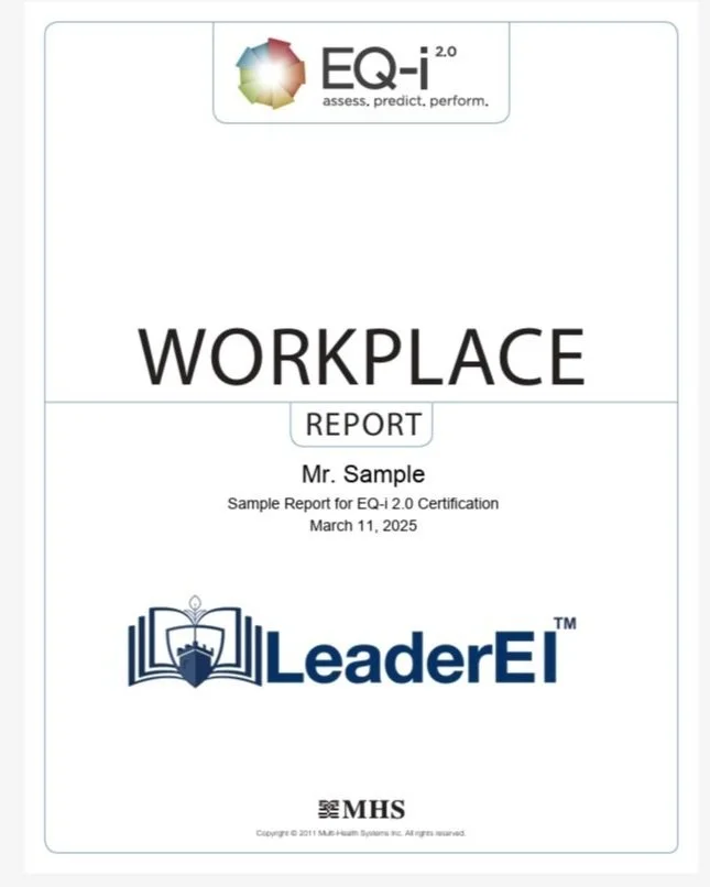 Cover page of a workplace report for EQ-i 2.0 certification, dated March 11, 2025, with logos of EQ-i and LeaderEII, and the MHS logo at the bottom.