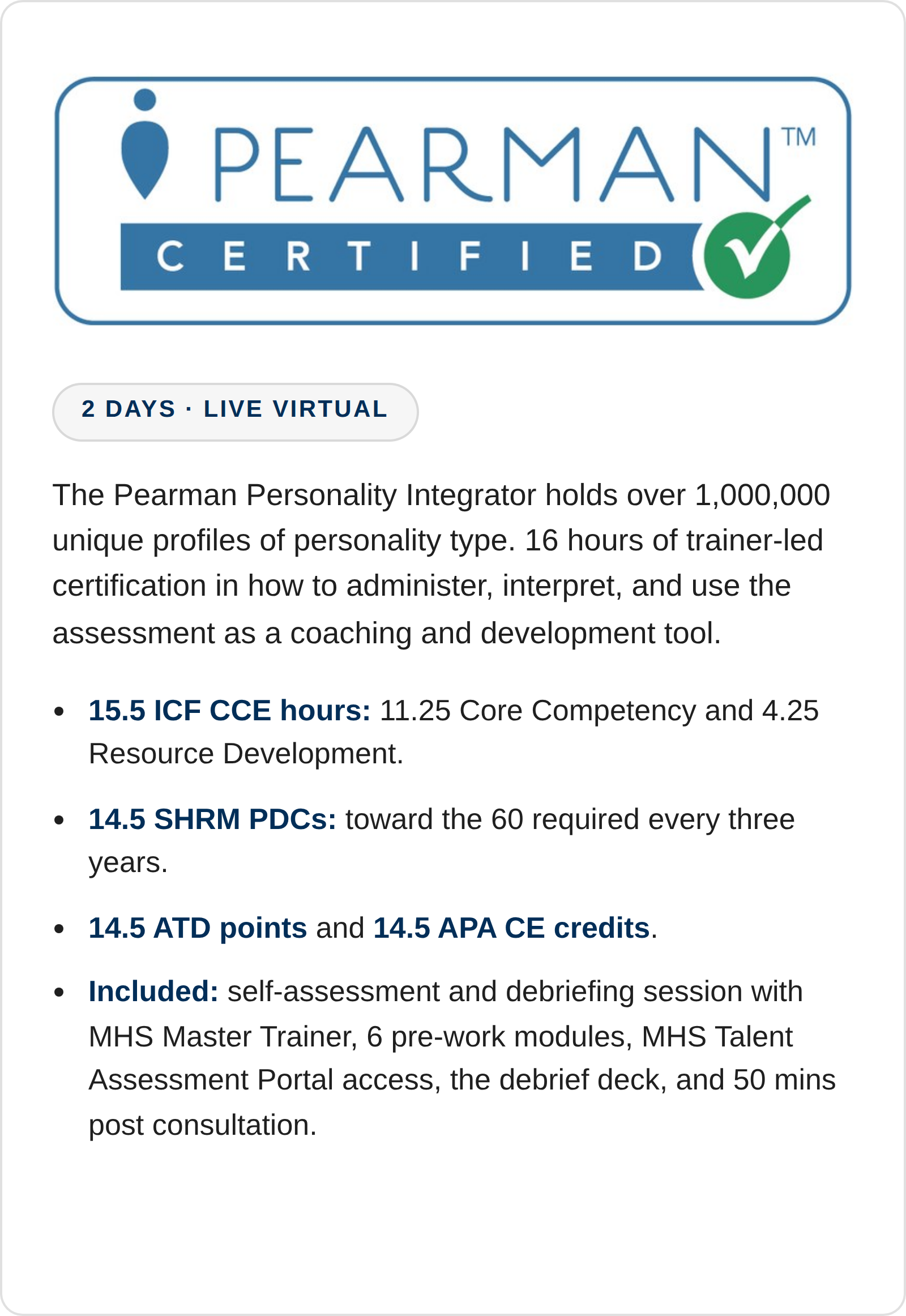 Pearman Personality Integrator® Certification Online (Live/Virtual)