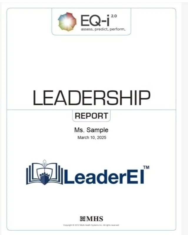 Front cover of a leadership report titled 'LEADERSHIP REPORT' for Ms. Sample, dated March 10, 2025, featuring the EQ-i 2.0 logo and LeaderEI logo with a book and ship emblem.
