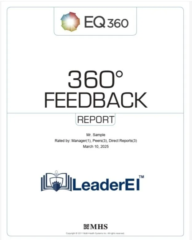 Cover page of a feedback report titled 'EQ 360 360° Feedback' by LeaderEI, dated March 10, 2025, with an EQ360 logo at the top and MHS logo at the bottom.