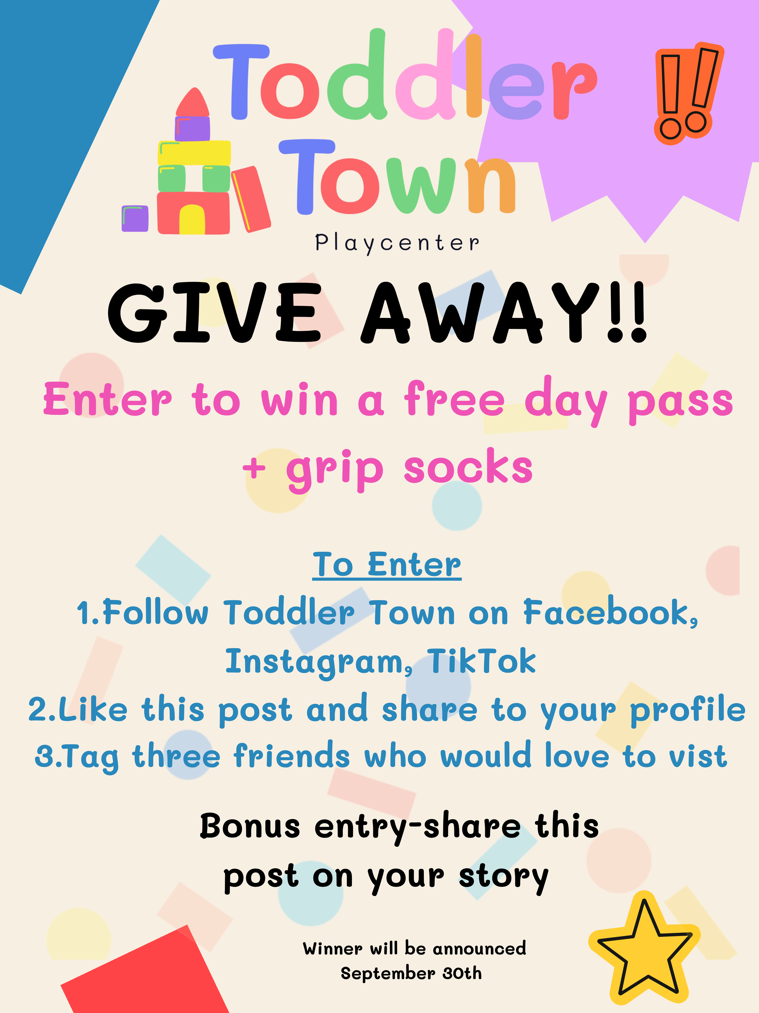 A colorful promotional poster for a giveaway contest at Toddler Town Playcenter, featuring a tower of building blocks, playful shapes, and text encouraging participation. The poster invites people to follow social media accounts, like and share the post, tag friends, and offers a bonus entry for sharing the post.