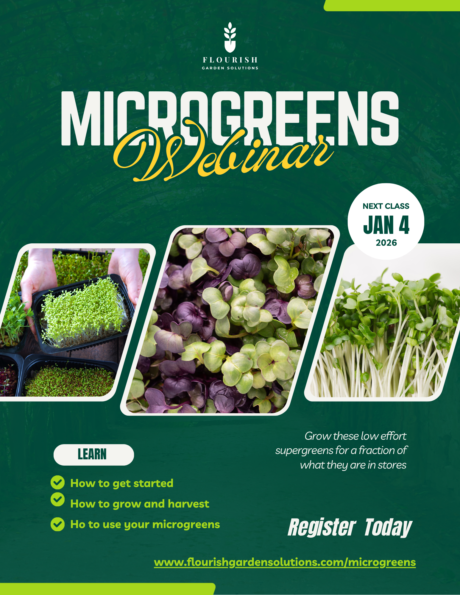 Green promotional poster for a January Microgreens webinar featuring images of microgreens in trays and containers, with event details and registration information.
