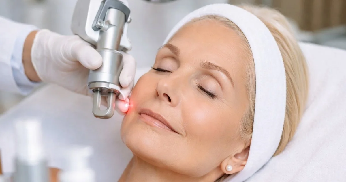 Close-up of a middle-aged woman with eyes closed receiving a facial laser treatment, with a clinician’s gloved hand holding a device emitting a small red light against her cheek in a clean, clinical setting.
